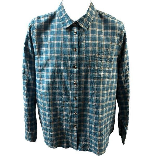 Orvis Shirt Button Up Plaid Blue Pink Pocket Long Sleeves Size Large