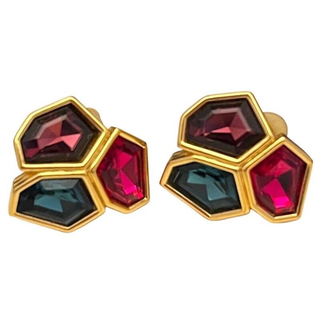 Authentic Swan Signed SWAROVSKI Earrings Gold Tone Jewel Tone Crystal Vintage 6W