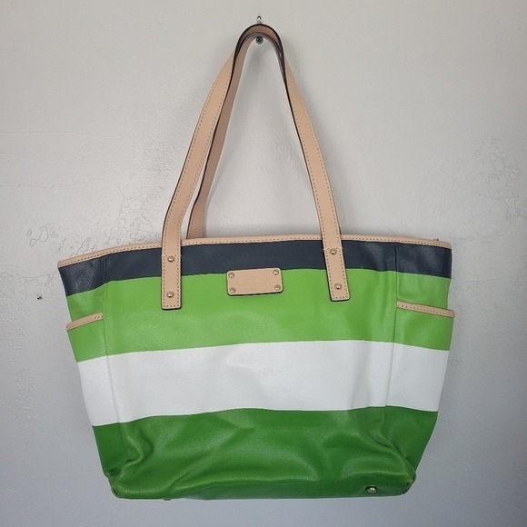 Kate Spade Baby Bag Green White Blue Stripes Leather Wipeable Diaper Unisex