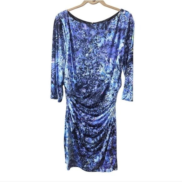 DAVID MEISTER Blue Printed Fitted Ruched Dress - Size 16