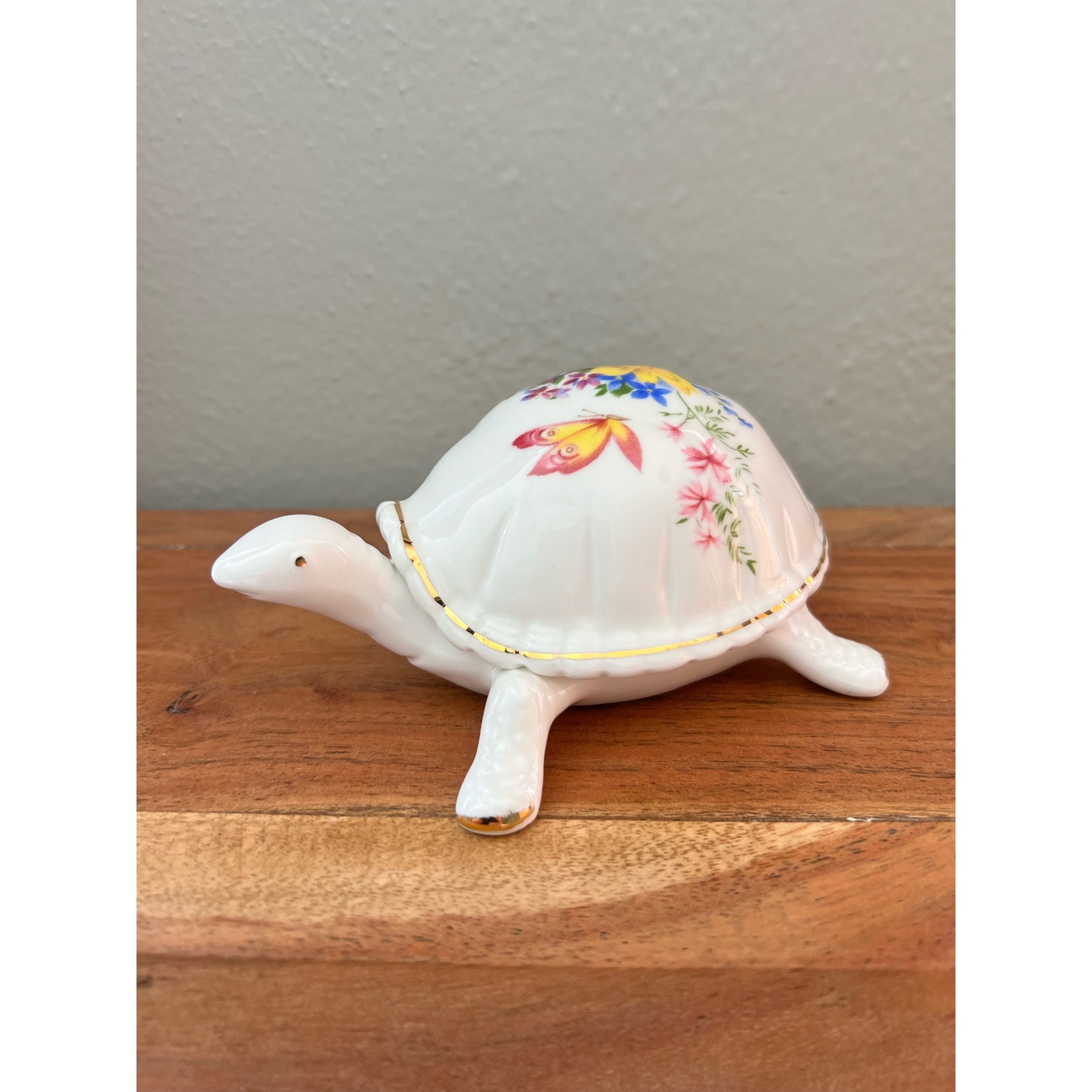 Lefton Bone China TURTLE Tortoise Flowers Jewelry Trinket Removable Shell Lid