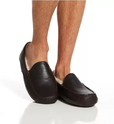 UGG Men's Black Ascot Leather Fur Slip-On Winter Casual Slipper Size 12