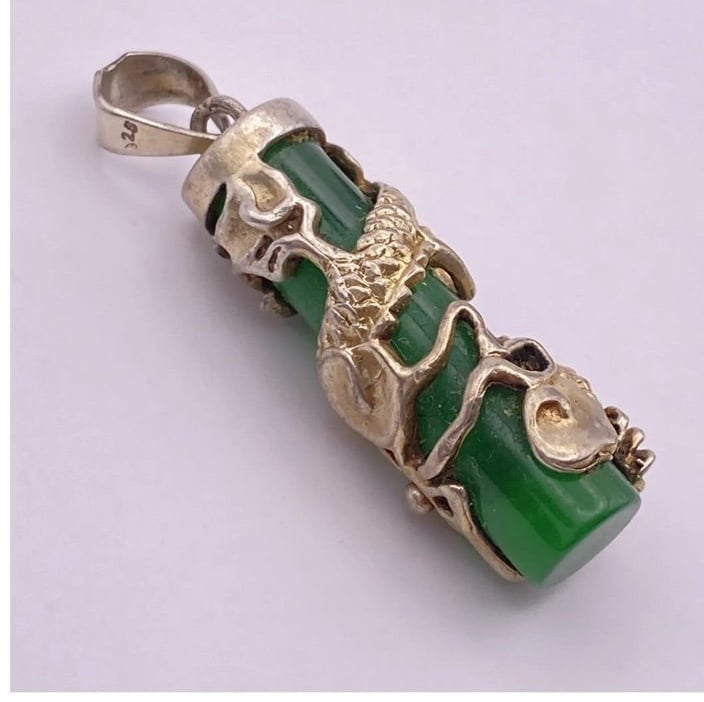 Dragon or Serpent Wrapped Chrysoprase Barrel Pendant Sterling Silver