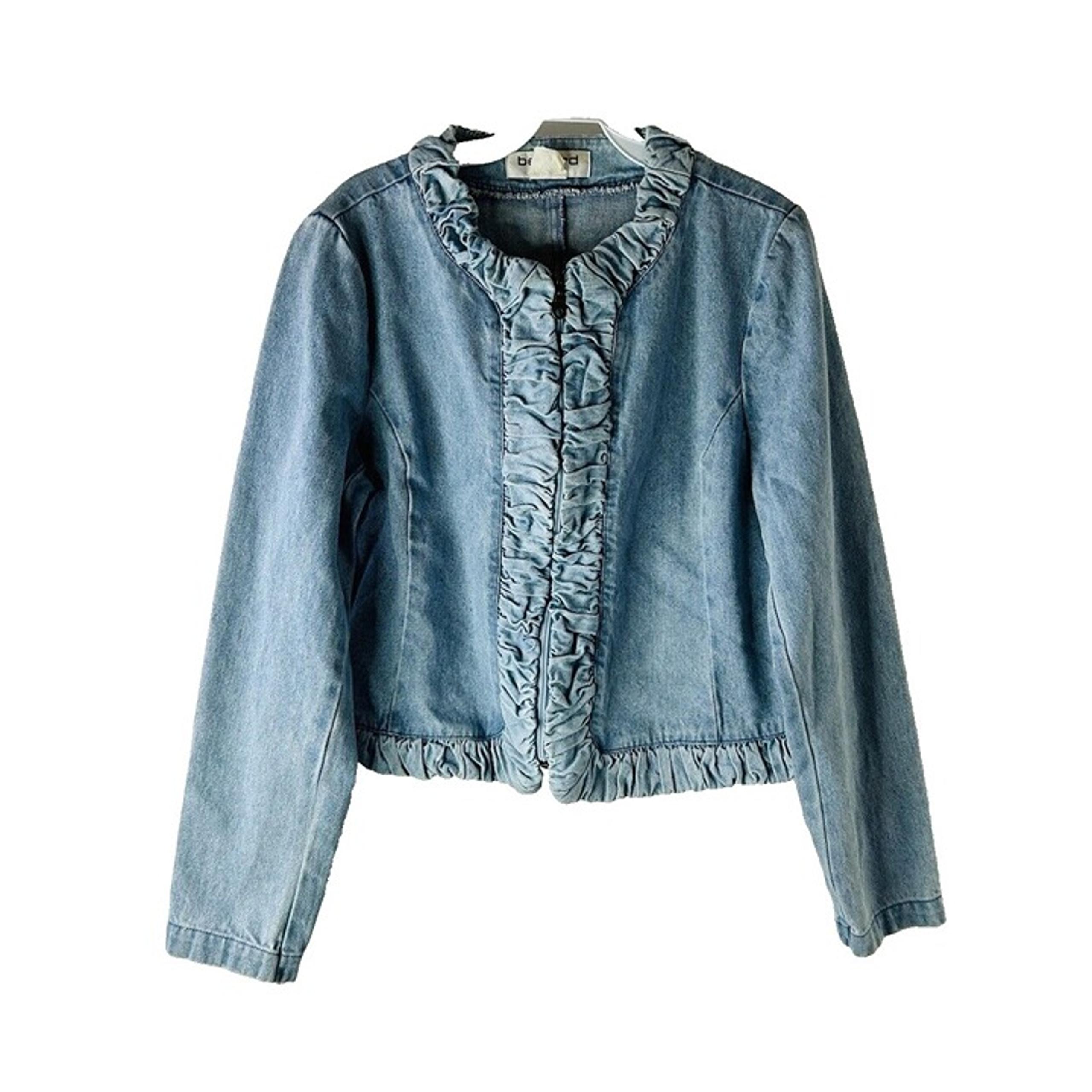 VTG 80s Womens Large Faded Denim Jean Ruffled Zip Trucker Jacket Streetwear