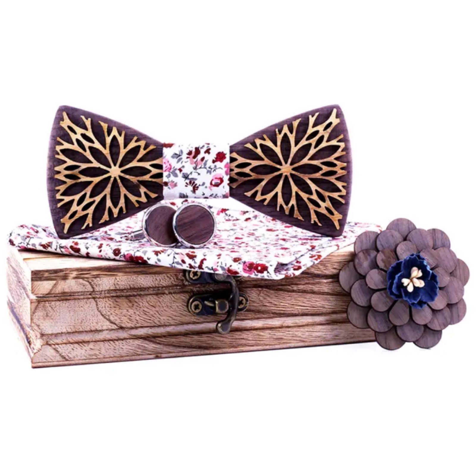 Handmade Wood Bow Tie Cufflinks & Floral Pocket Square & Boutonnière Set