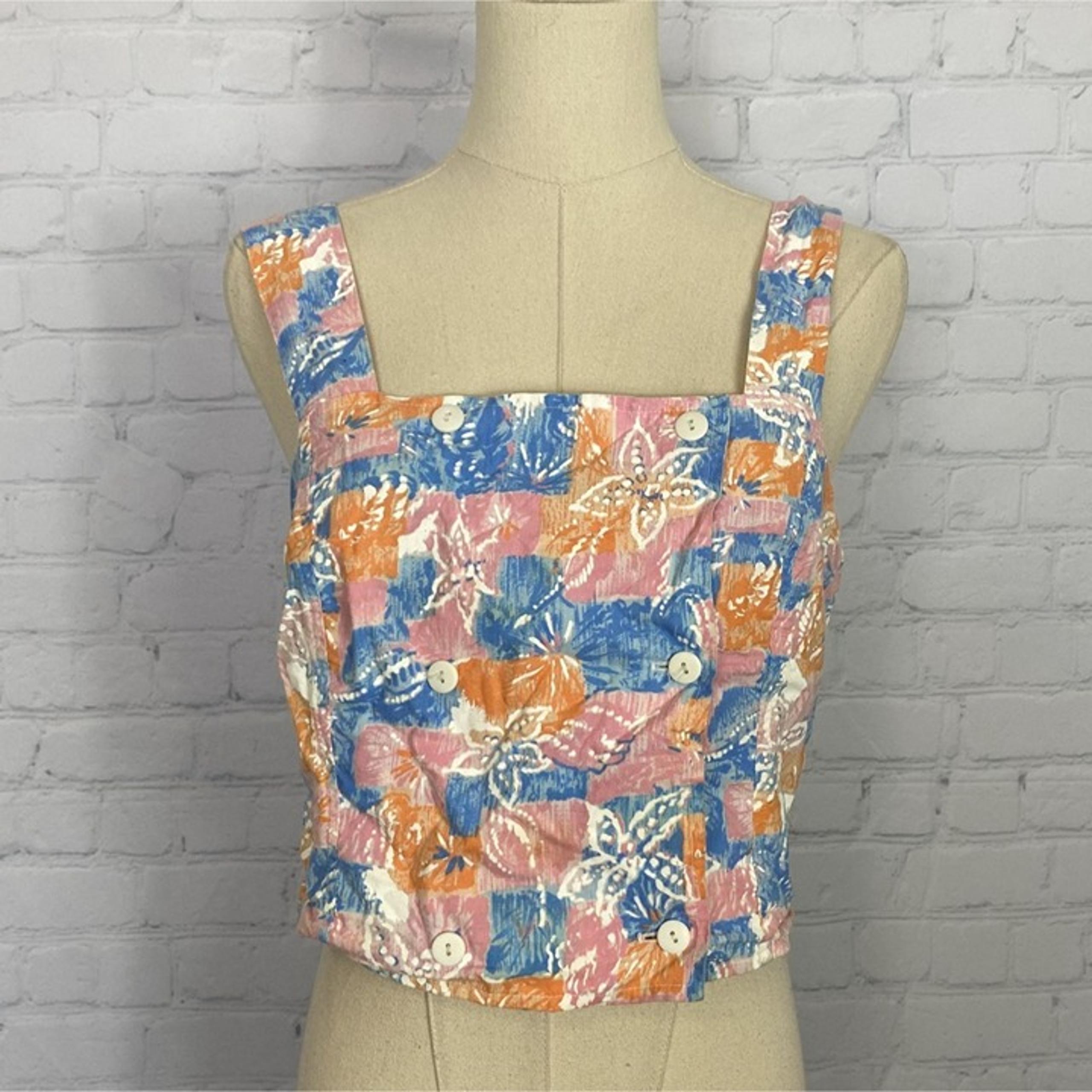 Vintage 90s Young Concepts Floral Blue Pink Orange Button Crop Top