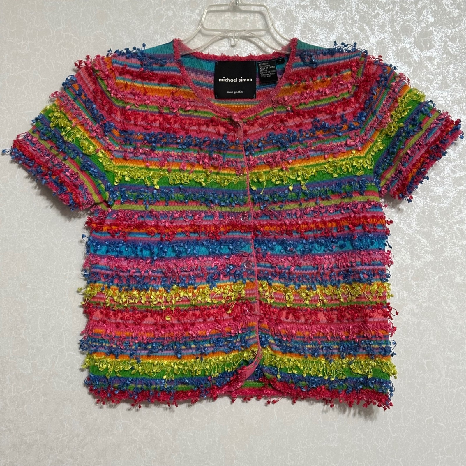 Michael Simon Vintage Rainbow Knit Top Colorful Textured Short Sleeve Cardigan S
