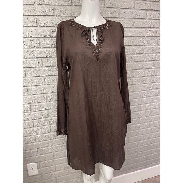 Gianni Bini Roxanne Brown Crinkled Beaded Tunic Top Size M
