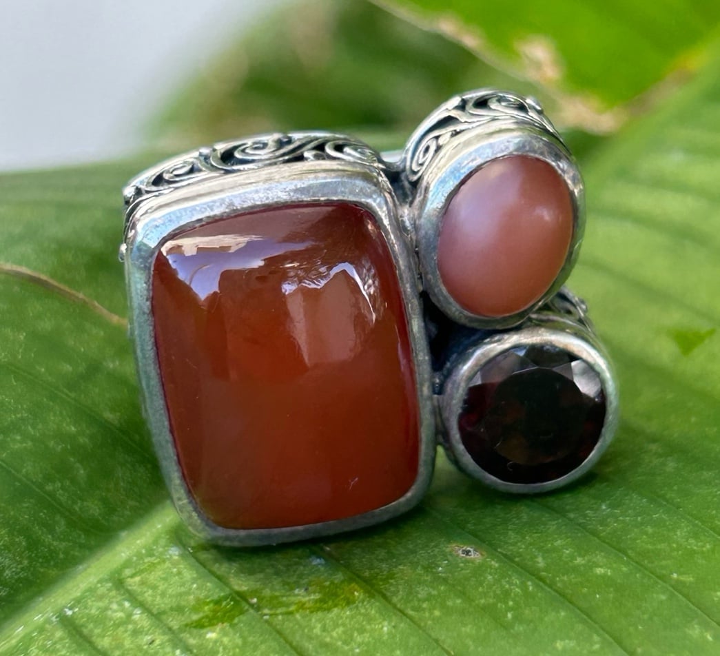 Vintage Samuel B sterling silver chunky bold Toi et Moi Carnelian garnet ring 7