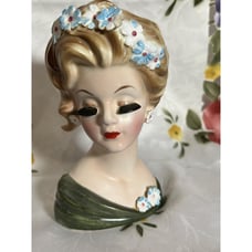 HTF Vintage Lefton LADY HEAD VASE With Cornflowers, Earrings, 2143