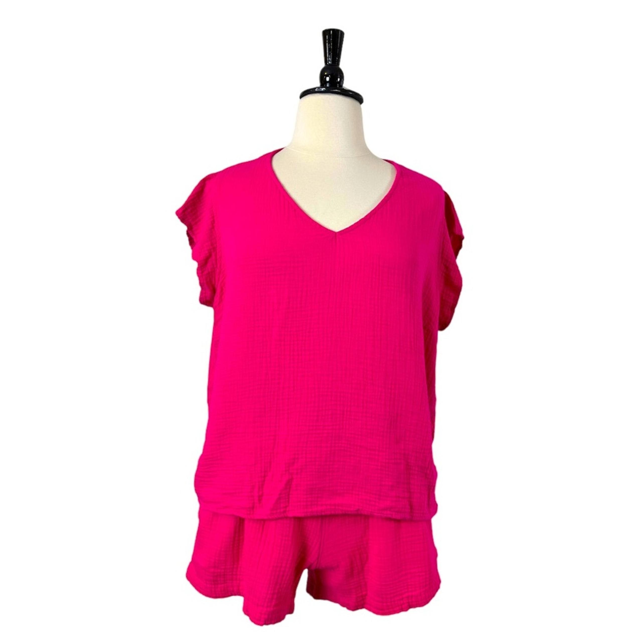 Short Set Double Gauze Cotton 4” Inseam V Neck Hot Pink Women’s XXL - Three Dots