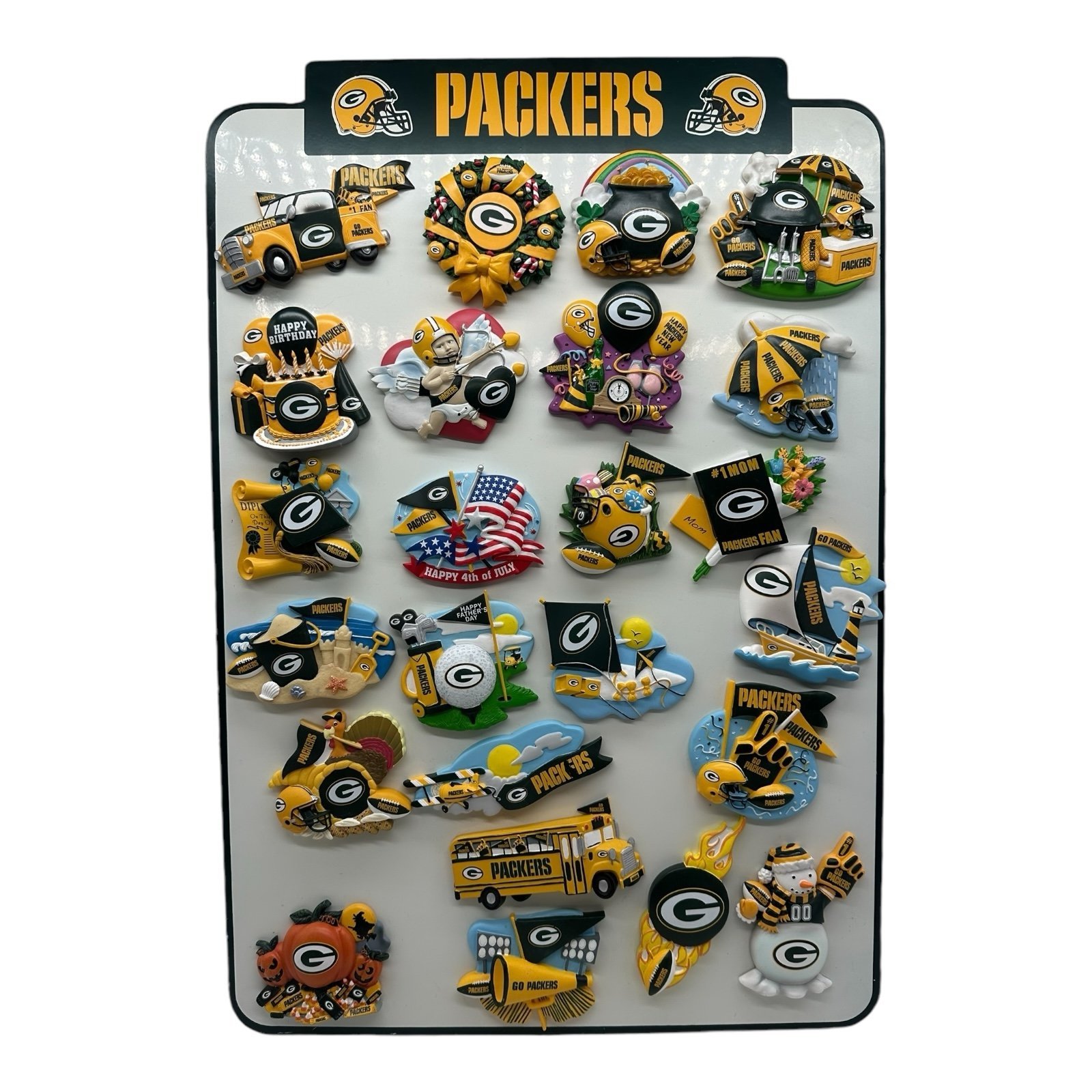 Vintage Willabee & Ward Green Bay Packers Lot of 24 Magnets w/ Board NFL