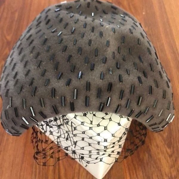 Christine Vintage Park Ave., New York elegant hat with mesh veil beaded gray