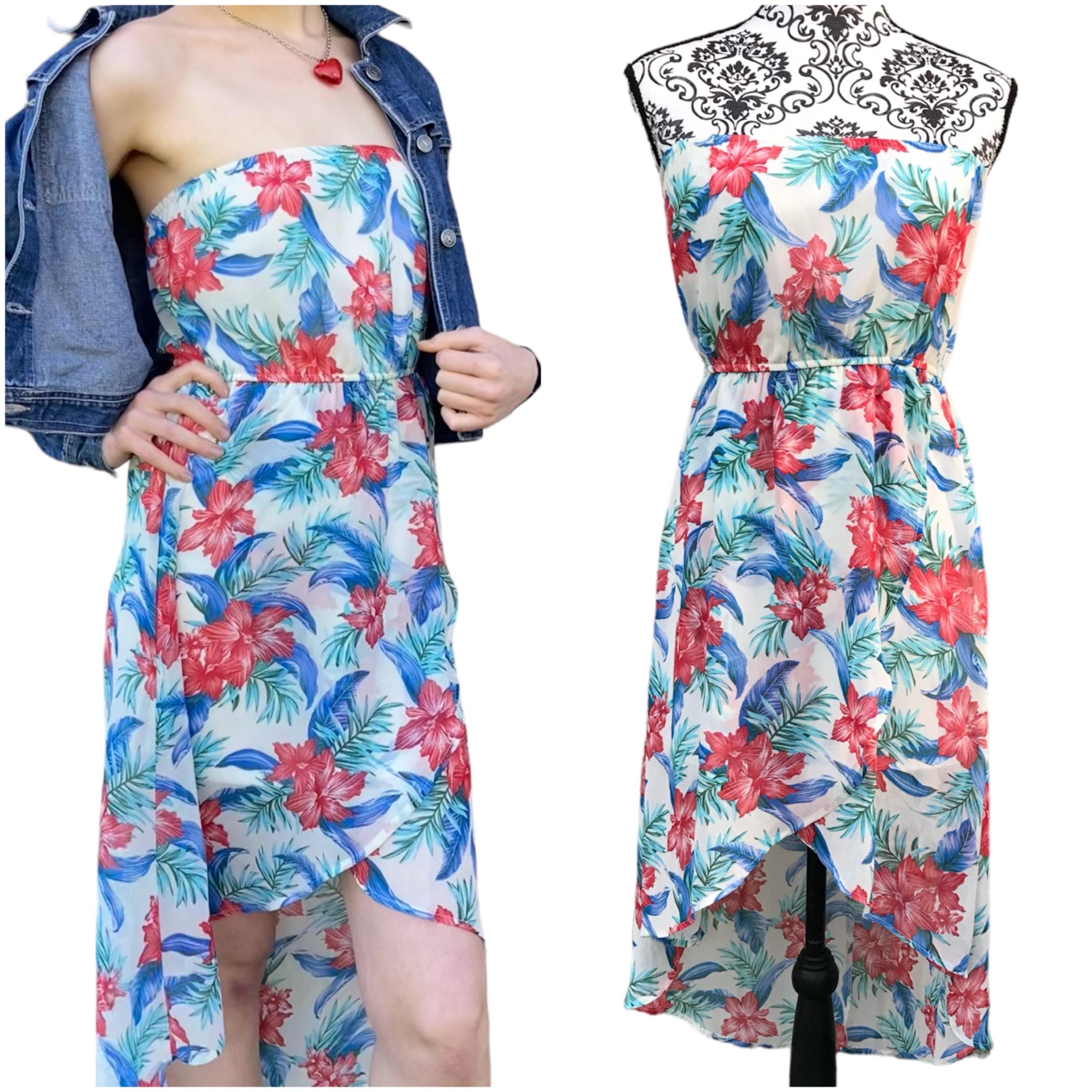 Iris Los Angeles Tropical Hibiscus Strapless High Low Dress White Red Blue S