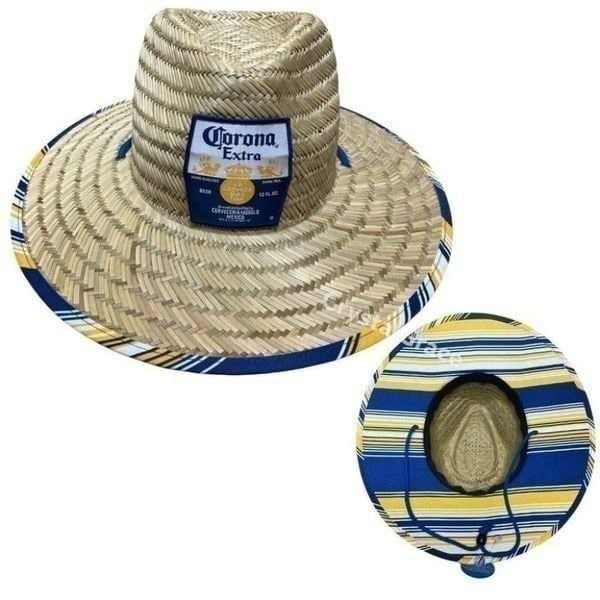 NEW Corona Extra Straw Beach Lifeguard Hat Blue White Lined Brim Sun Summer Pool