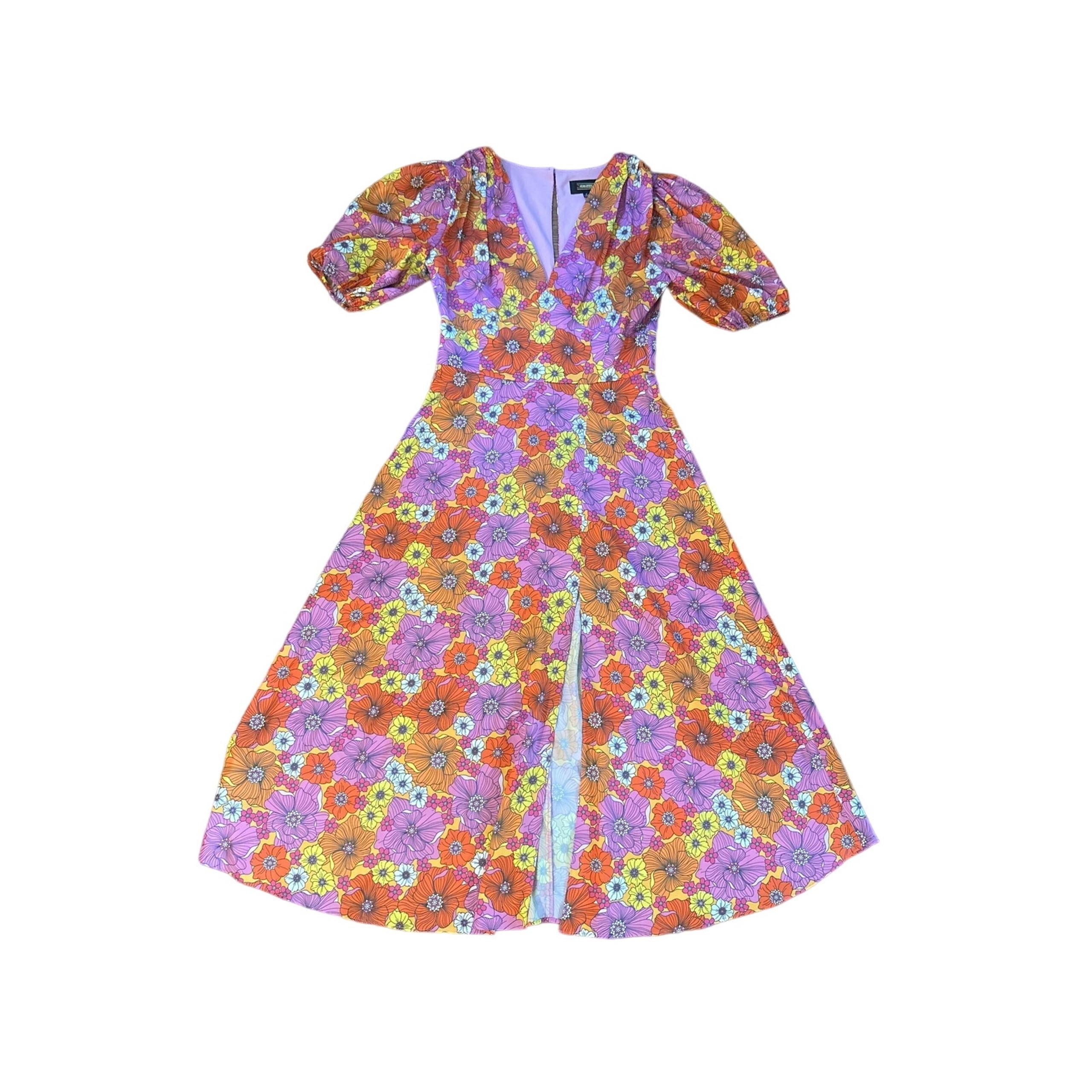 Women 2 Alexia Admor Floral Etched 60s Print V-Neck Nola Midi Dress Puff Slv
