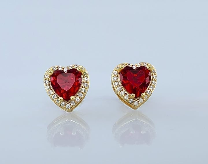 18K Gold Womens 1ct Diamond 2ct Red Ruby Heart Gemstone Stud Earrings Jewelry