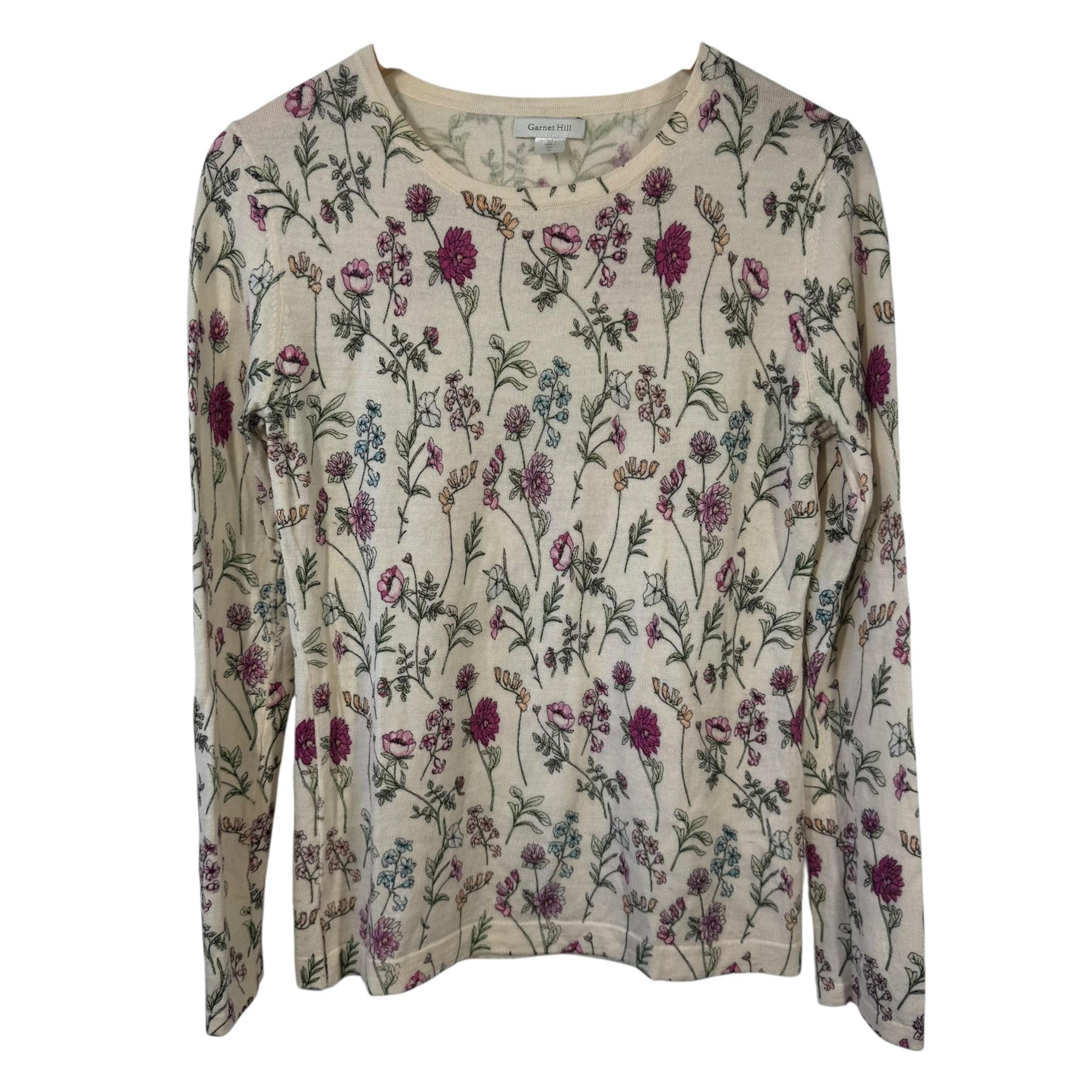 Garnet Hill Sweater Women M Cream Floral 100% Merino Wool Crew Neck Spring Top