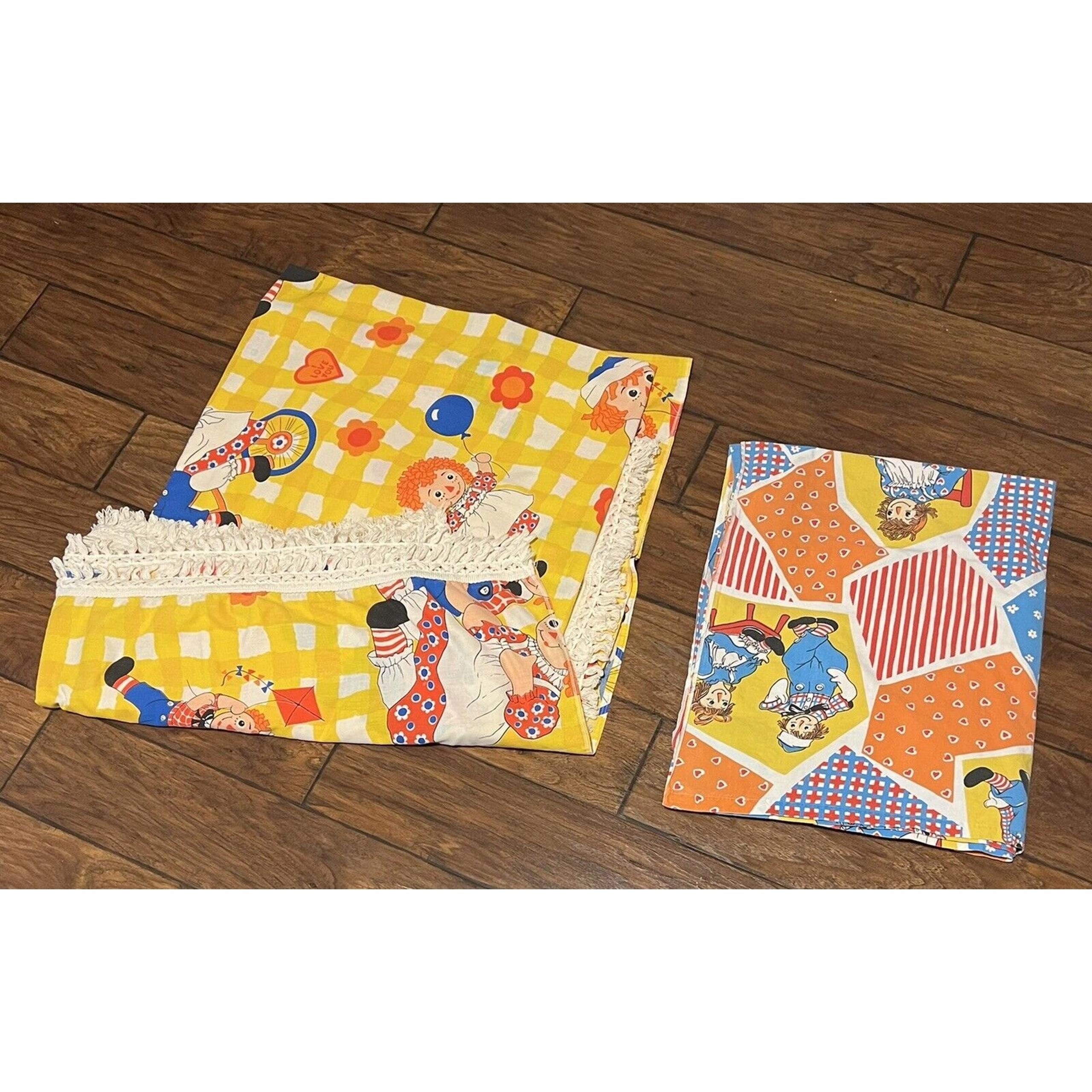 Vintage Raggedy Ann & Andy Bobbs Merrill Twin Bedspread Flat Sheet 70s READ