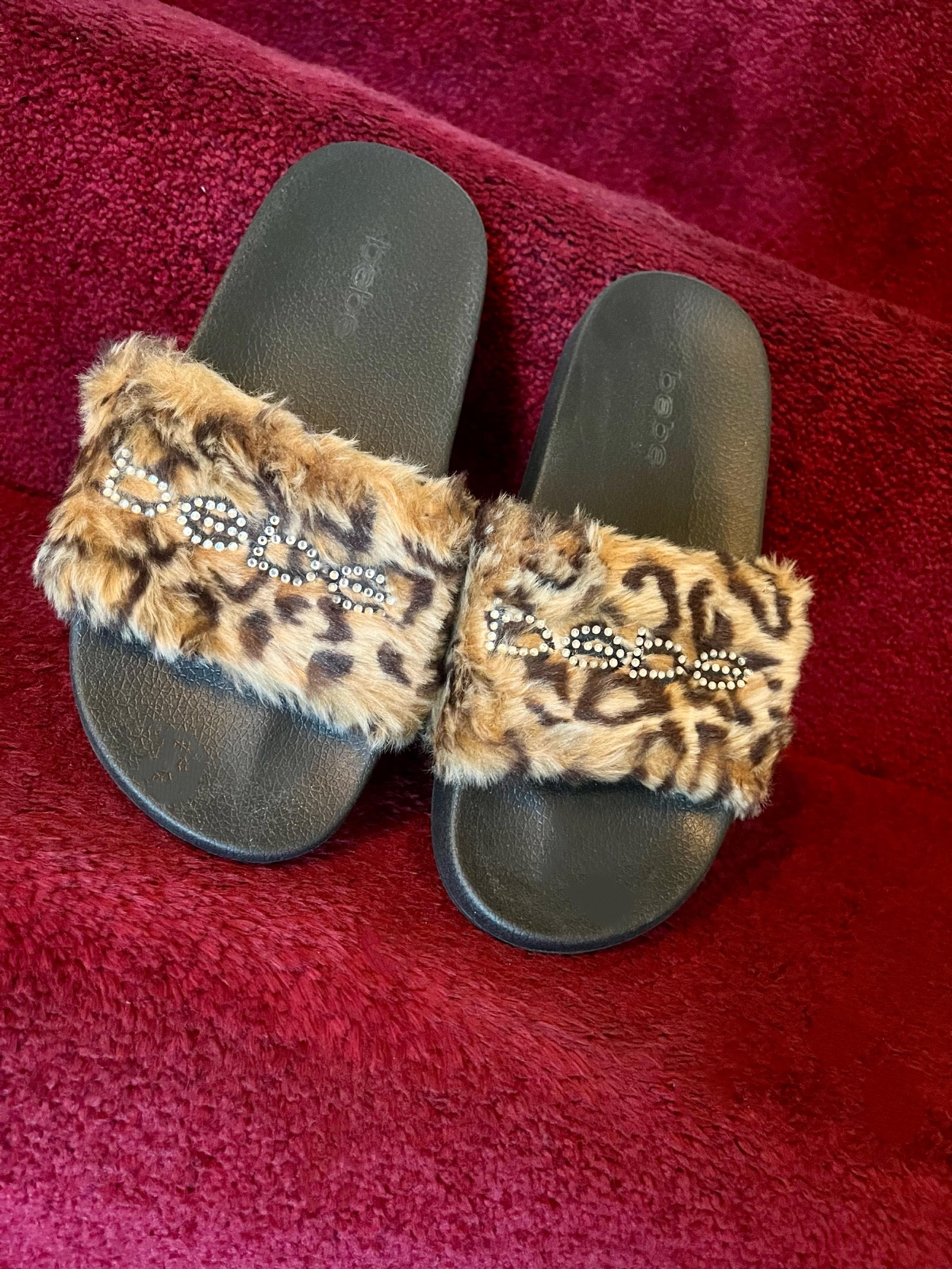 Bebe Leopard Faux Fur Slides
