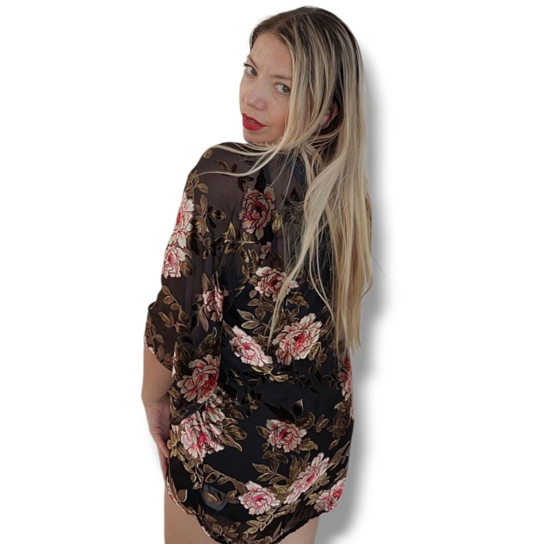 American Eagle Outfitters Burn Out Velvet Floral Kimono Black Flowy Boho Resort