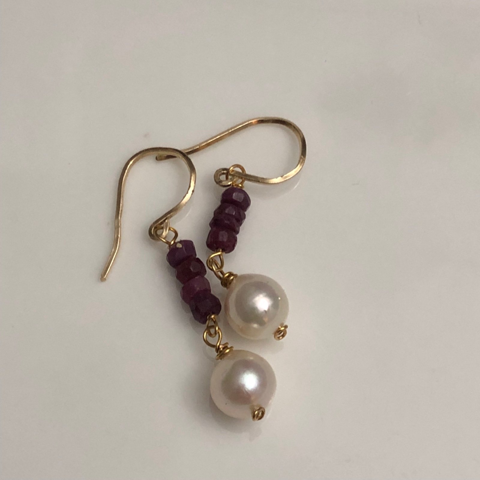 Handmade genuine ruby and Akoya pearl dangling earrings in 14k GF