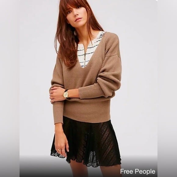 Free People Allure Pull Over Deep V-Neck Ribbed Sweater Taupe Brown Size Small