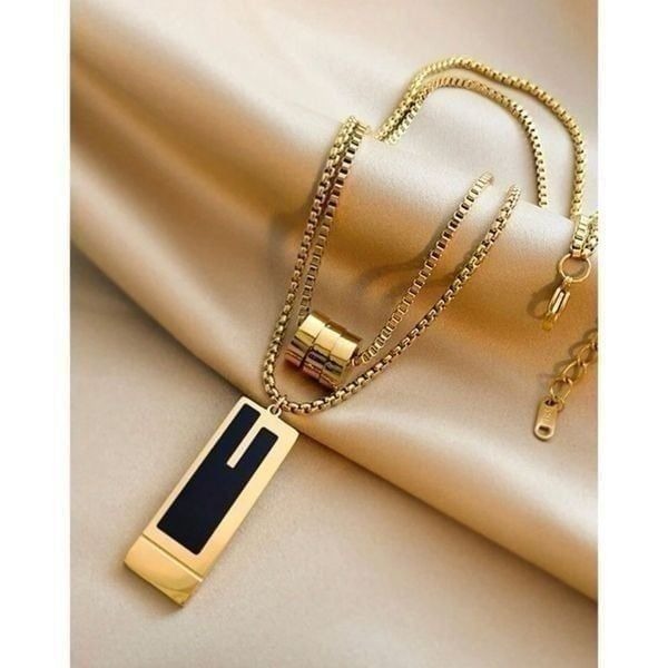 Gold Plated Stainless Steel Bar Layered Ring Pendant Necklace