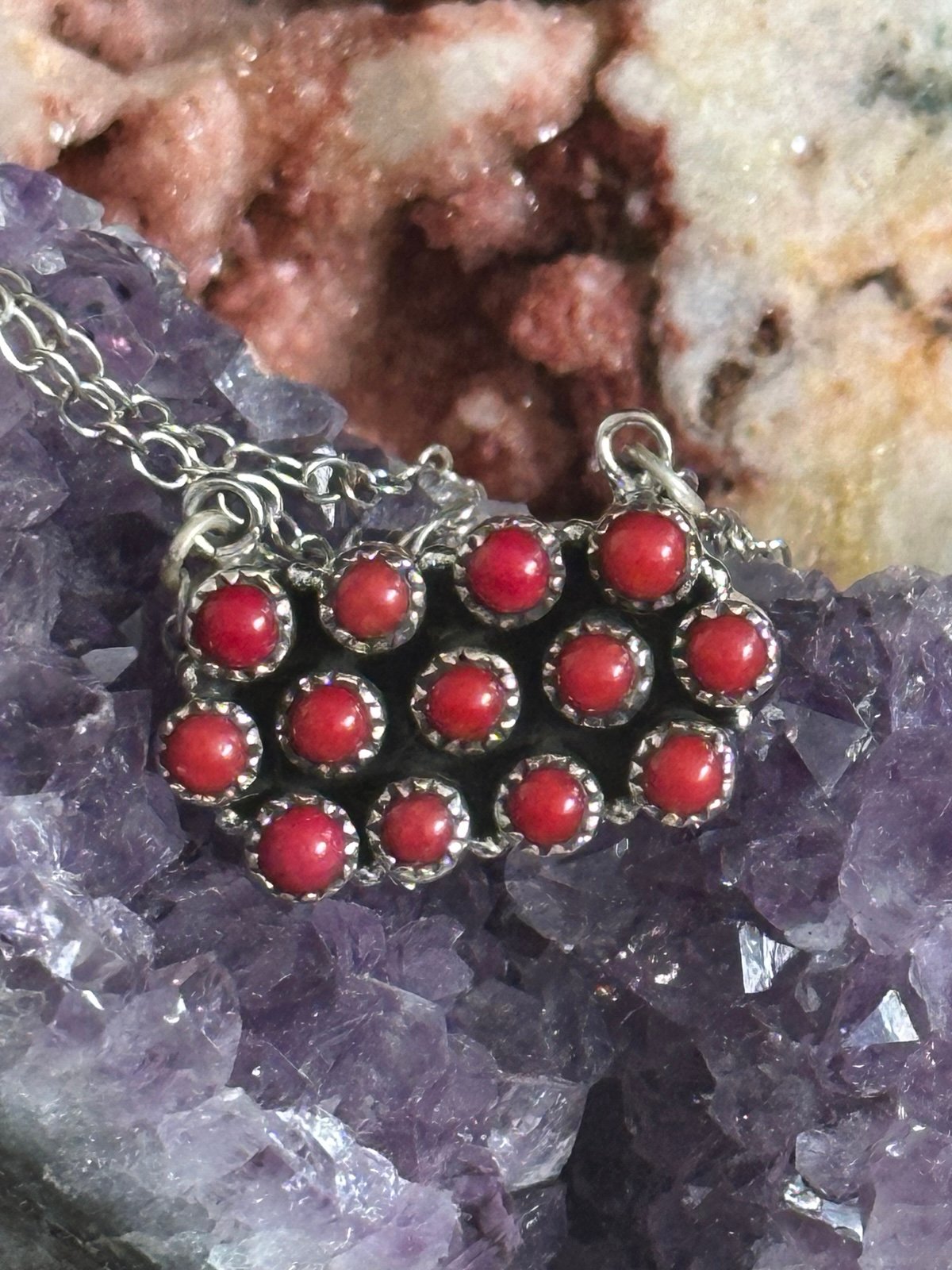 Coral 3 Row Bar 22 inch sterling silver necklace