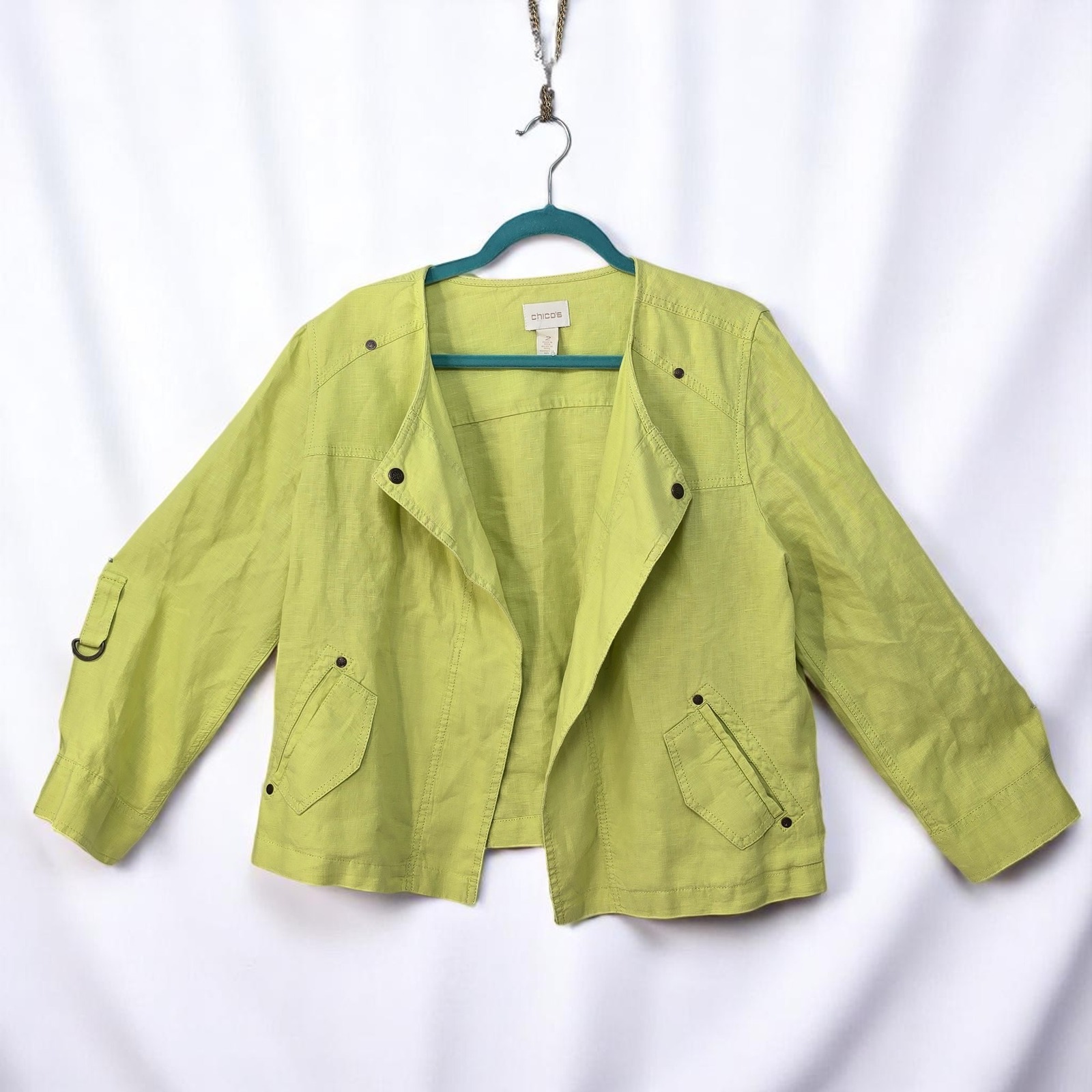 Chico's Linen Moto Jacket Woman 2 (Large) Roll Tab Sleeve Lightweight Chartreuse