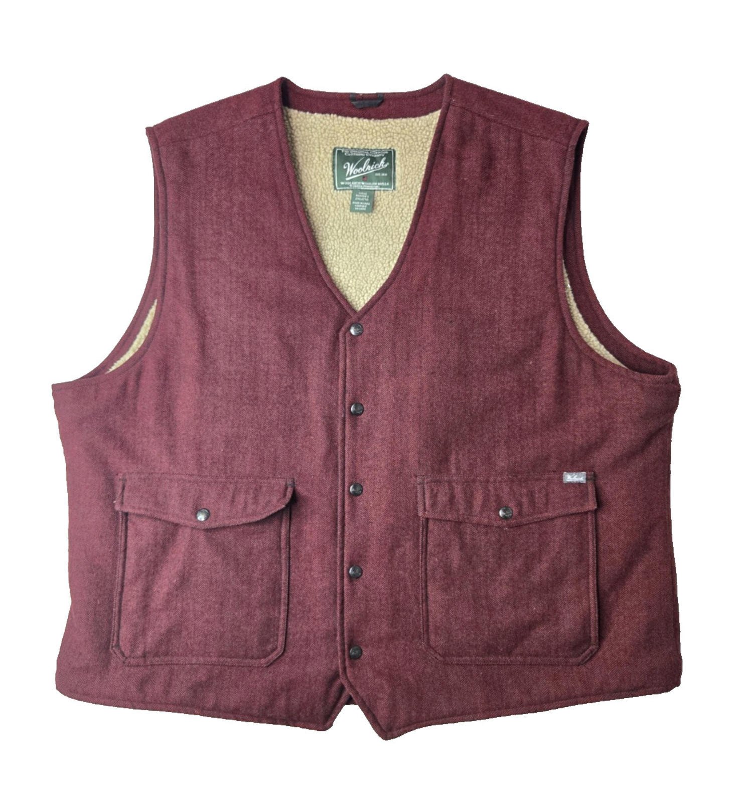 Woolrich Sherpa Fleece Lined Burgundy Wool Gilet Vet Mens 2XL XXL