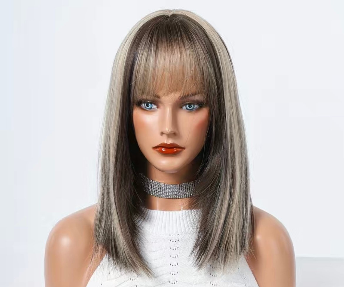 Human hair blend brown /platinum blonde highlights wig.