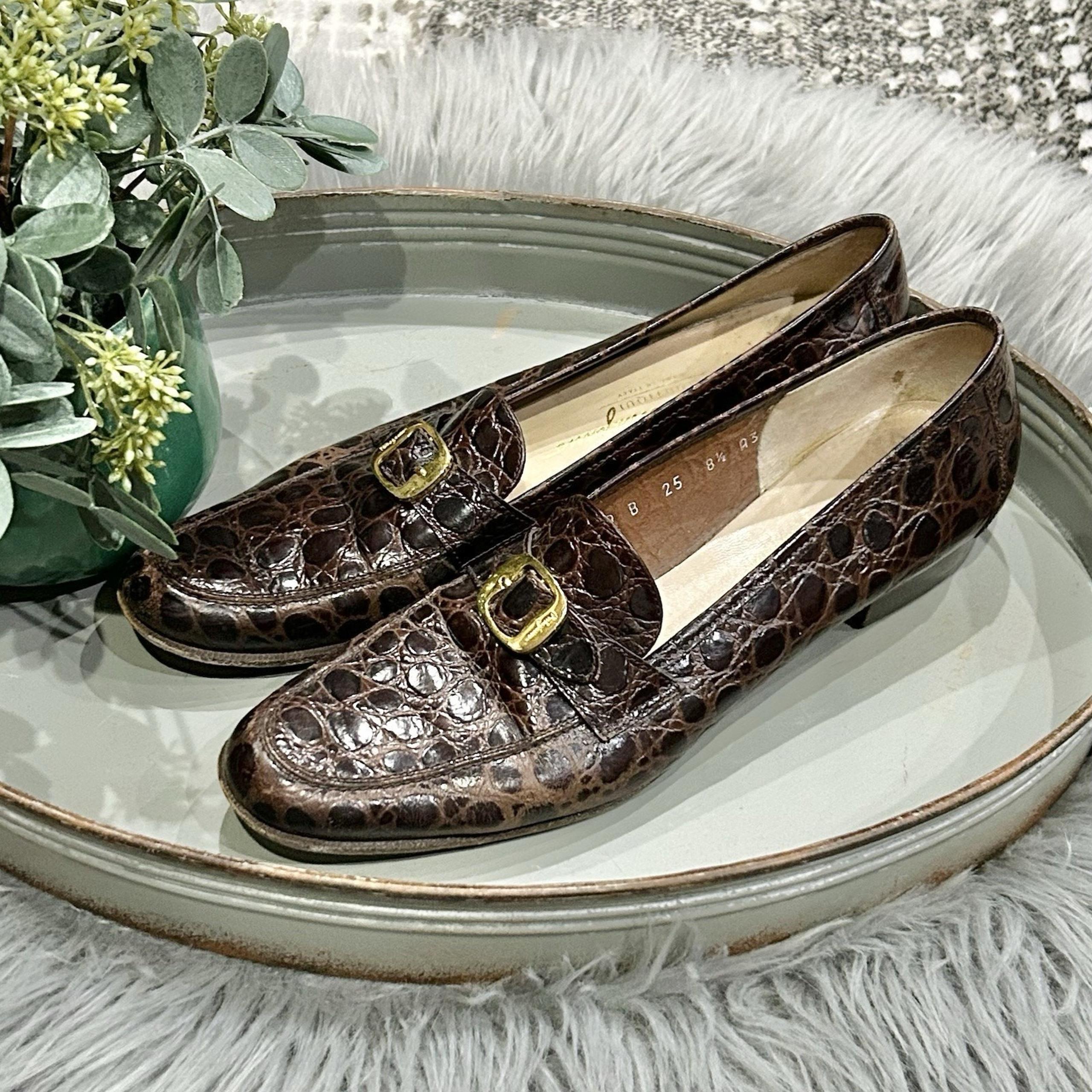 Vintage Women's Salvatore Ferragamo Crocodile Leather Brown Loafers Size 8.5