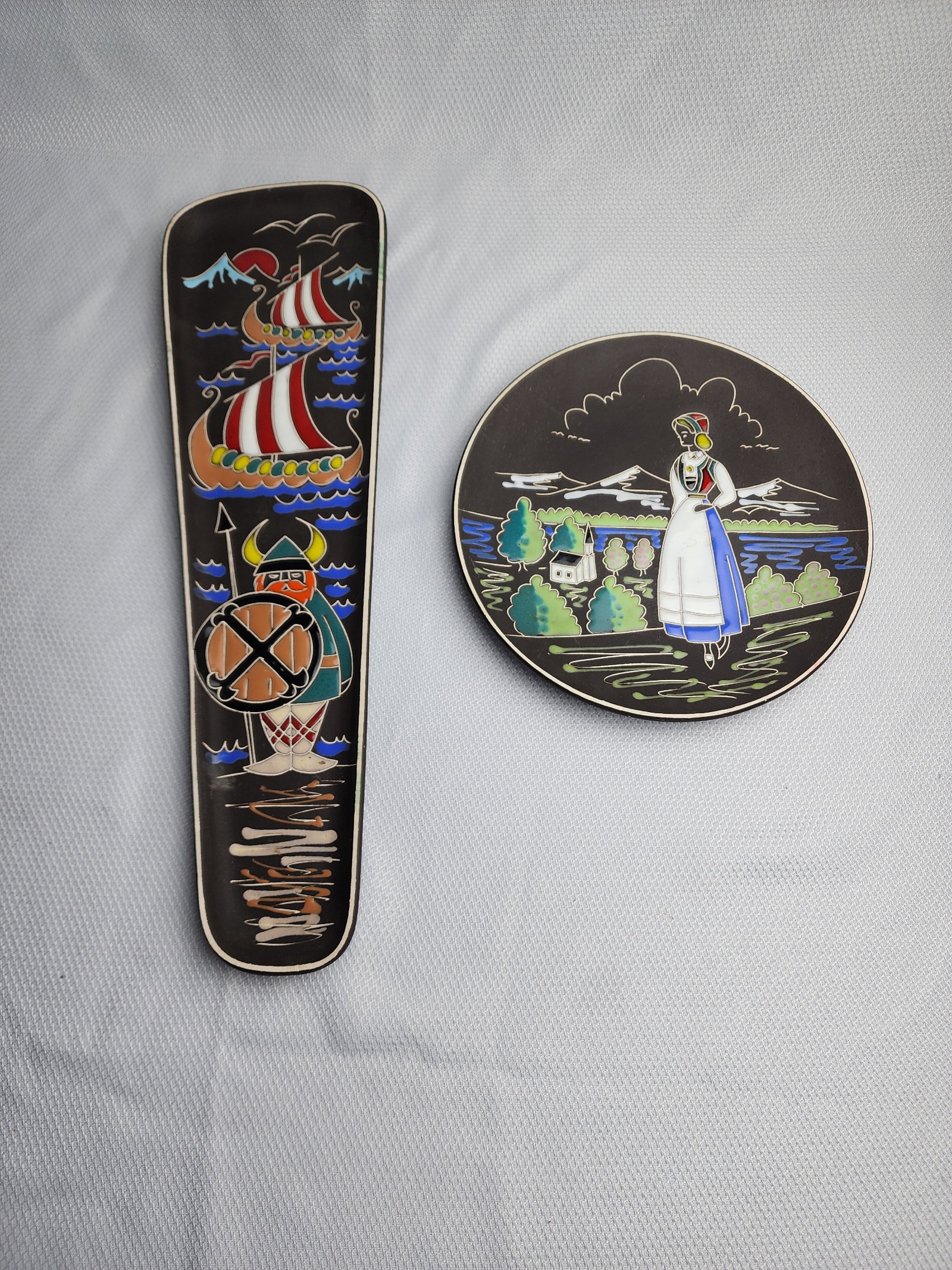 Vintage Arnold Wiigs Cloissonne Enamel & Pottery Handmade Norwegian Plaque&Plate