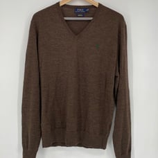 Polo Ralph Lauren 100% Merino Wool Brown V-Neck Custom Fit Lightweight Sweater