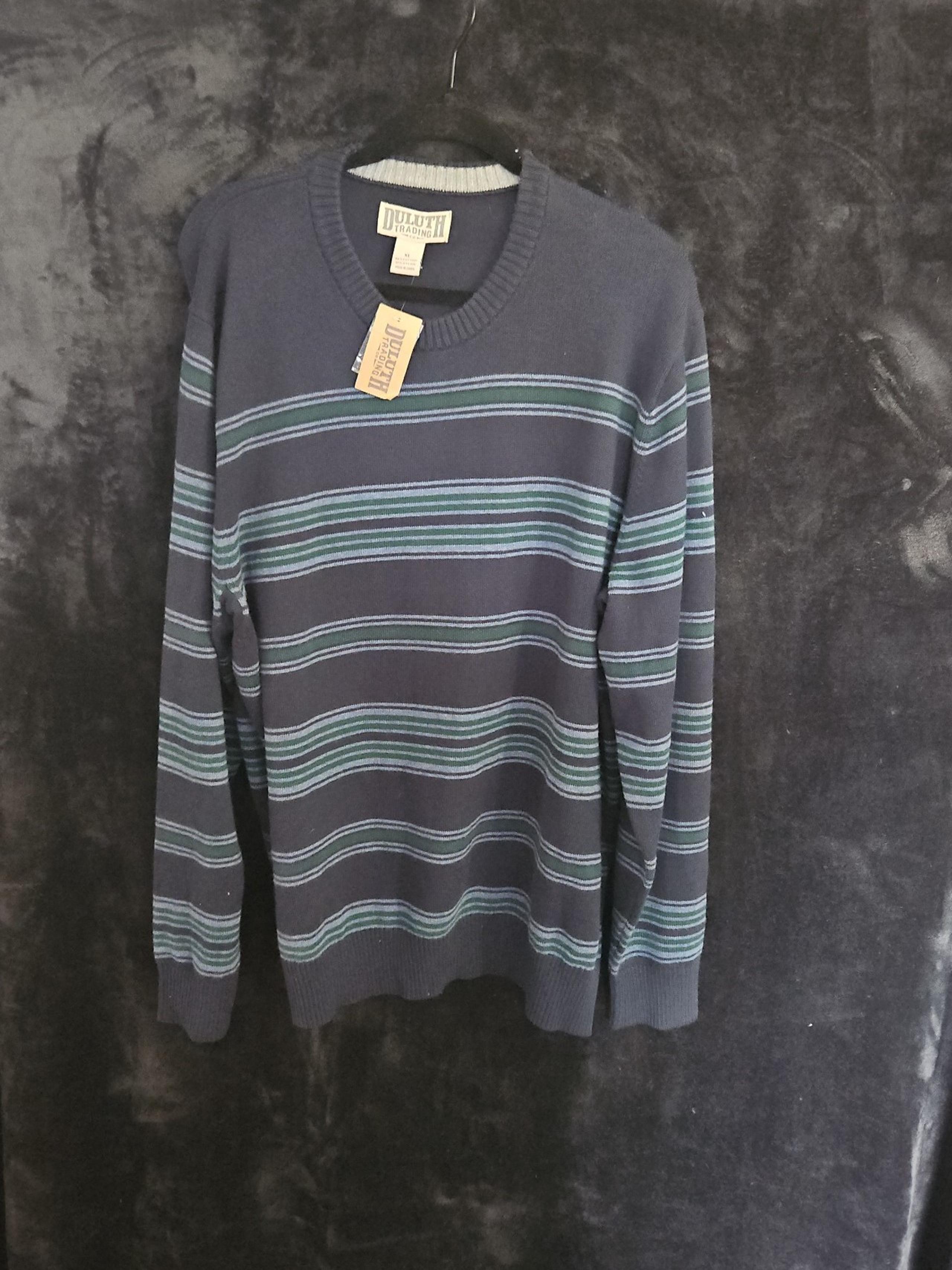 Duluth Trading Company Blue and Green Striped Crew Neck Sweater Mens Size XL NWT
