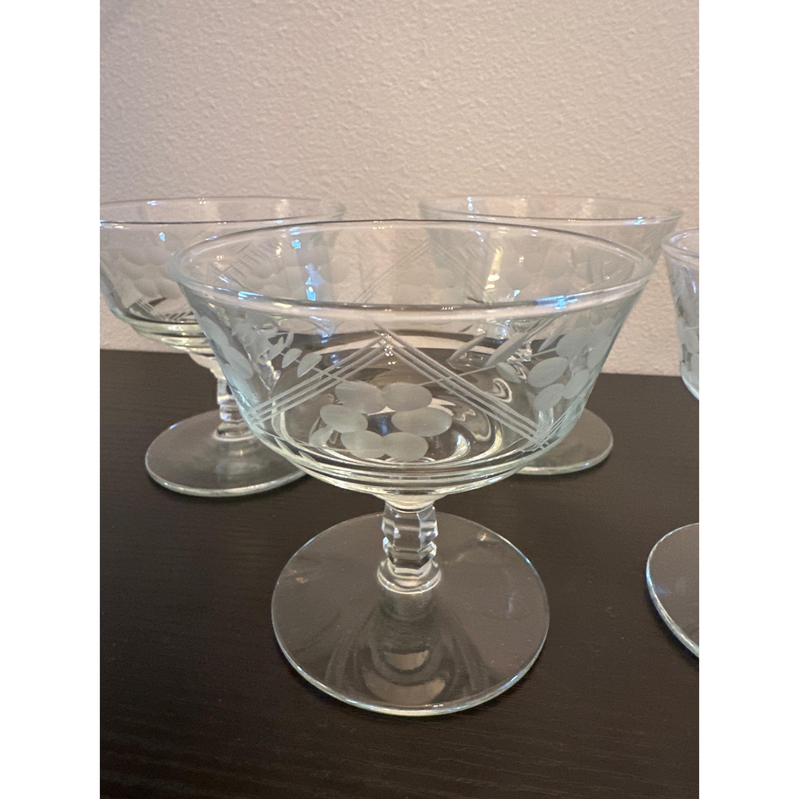 Vintage 6 Etched Champagne Coupe Glasses Stemware Rock Sharpe #3005-12 - Libbey