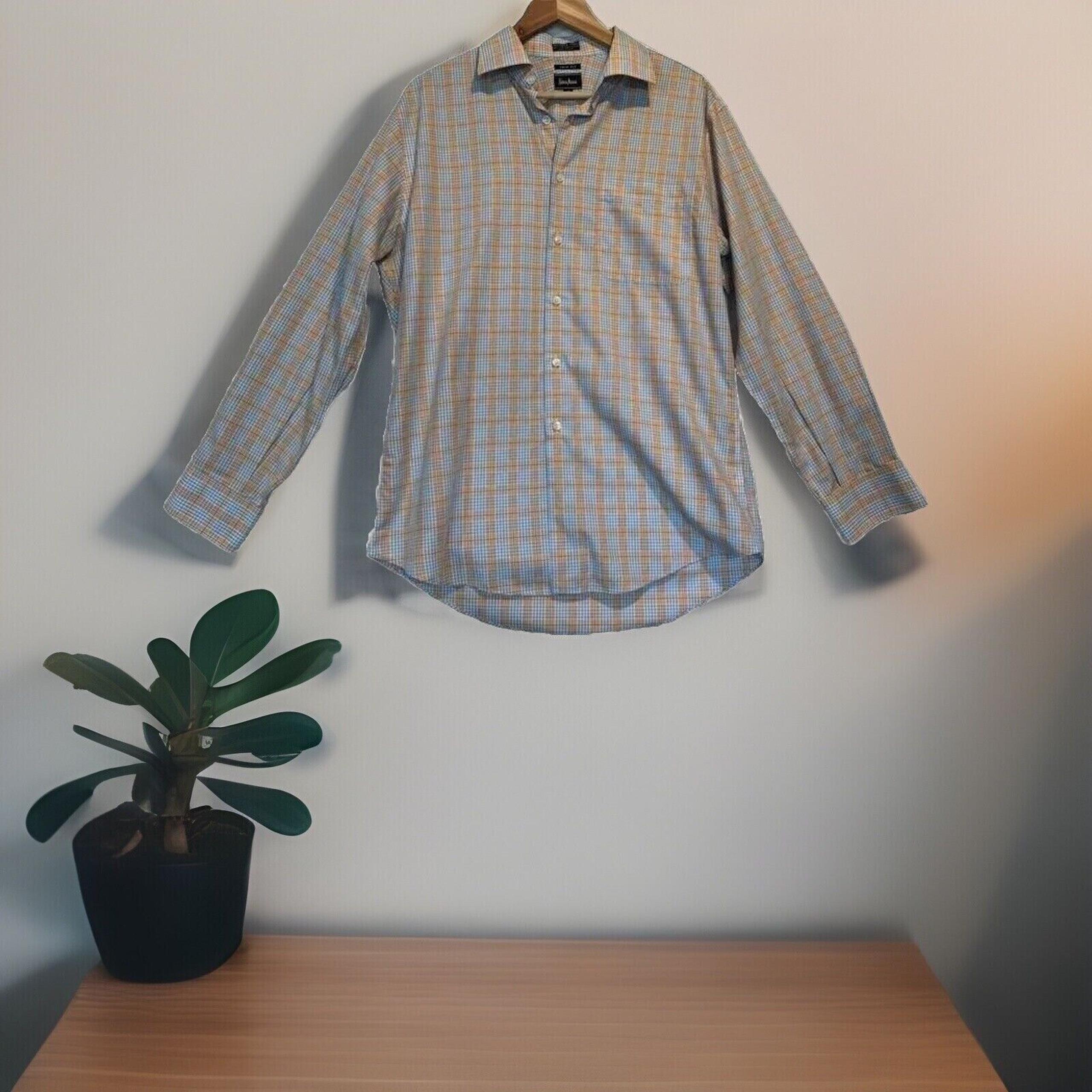 Neiman Marcus Mens Medium Orange Blue Trim Fit Cotton Button Up Shirt 16 32/33