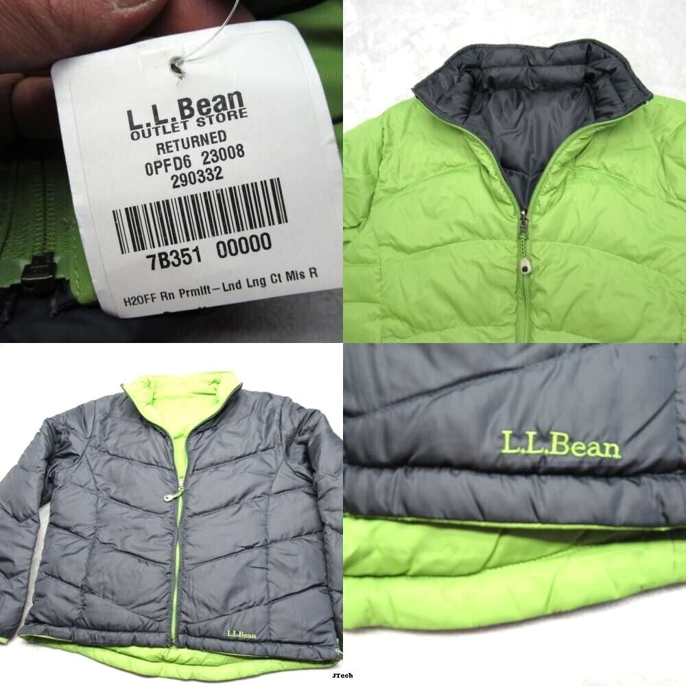 LL Bean Down Jacket Womens Large Green Gray Reversible Full Zip Puffer NWD