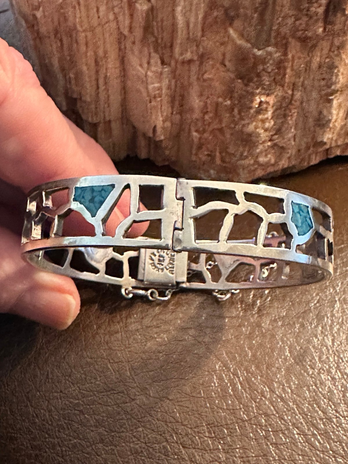 Vtg Taxco Mexico Alpaca Silver Turquoise Inlay Hinged Bangle Bracelet