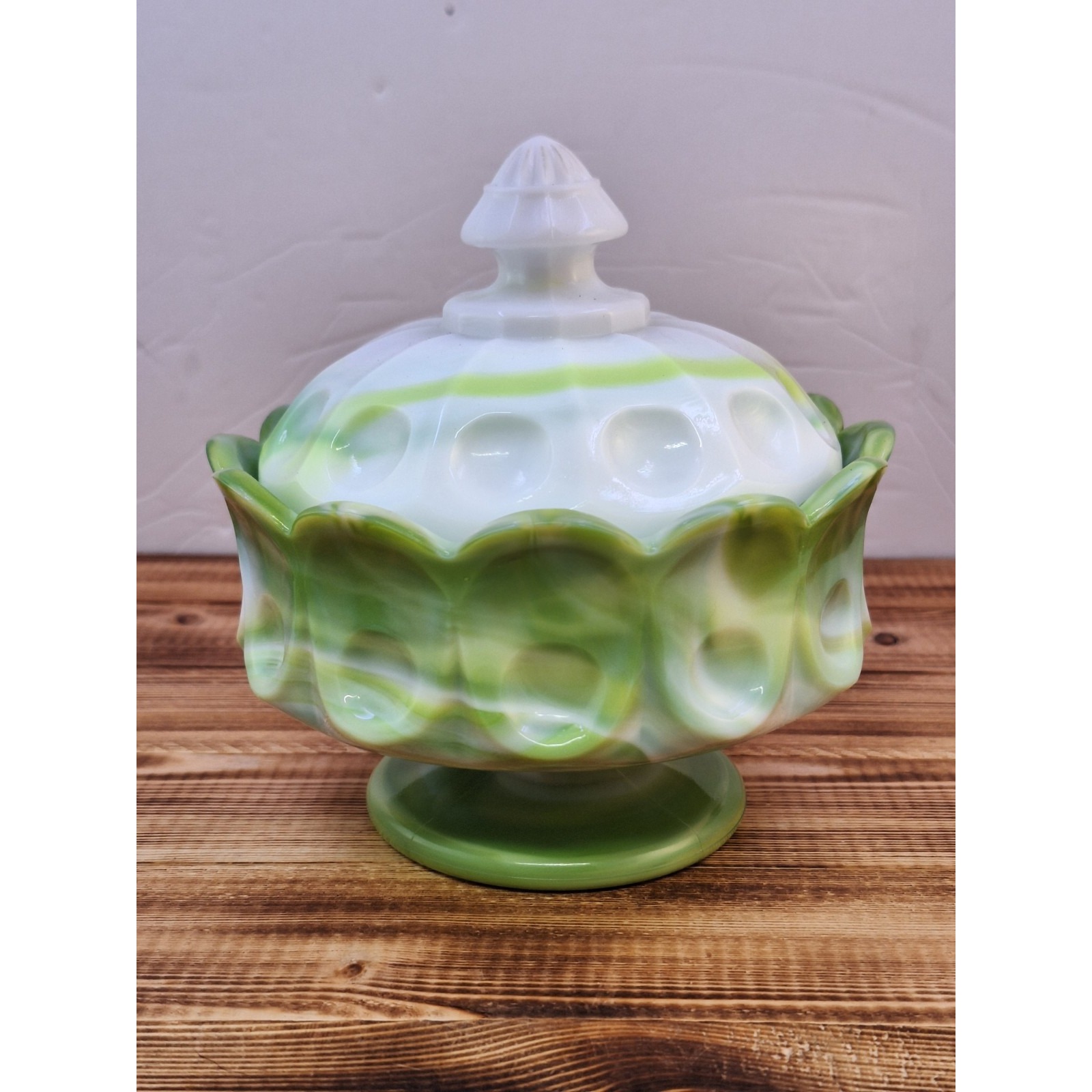 Vintage Westmoreland Cherry Thumbprint Green Slag Glass Footed Covered Dish