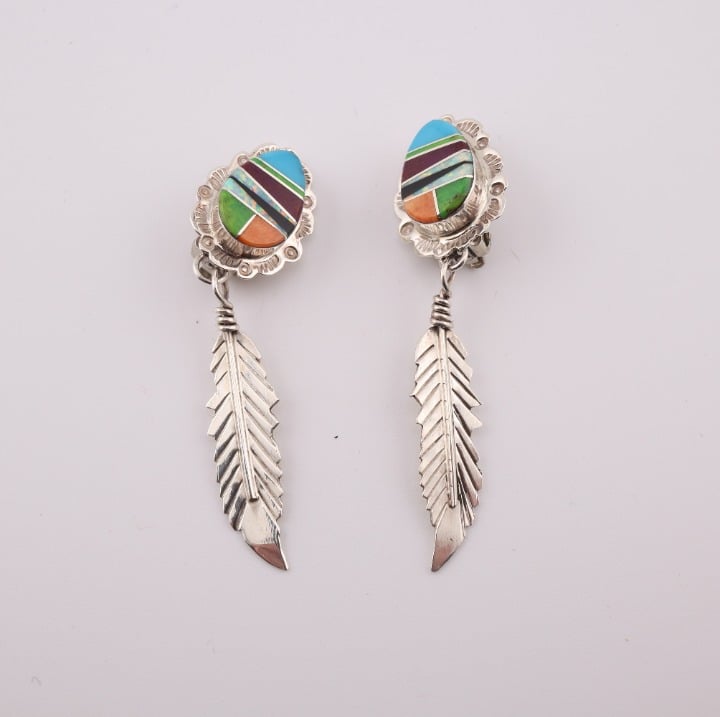 Navajo Multi Stone Inlay Feather Dangle Earrings Clip On Handcrafted Jewelry **
