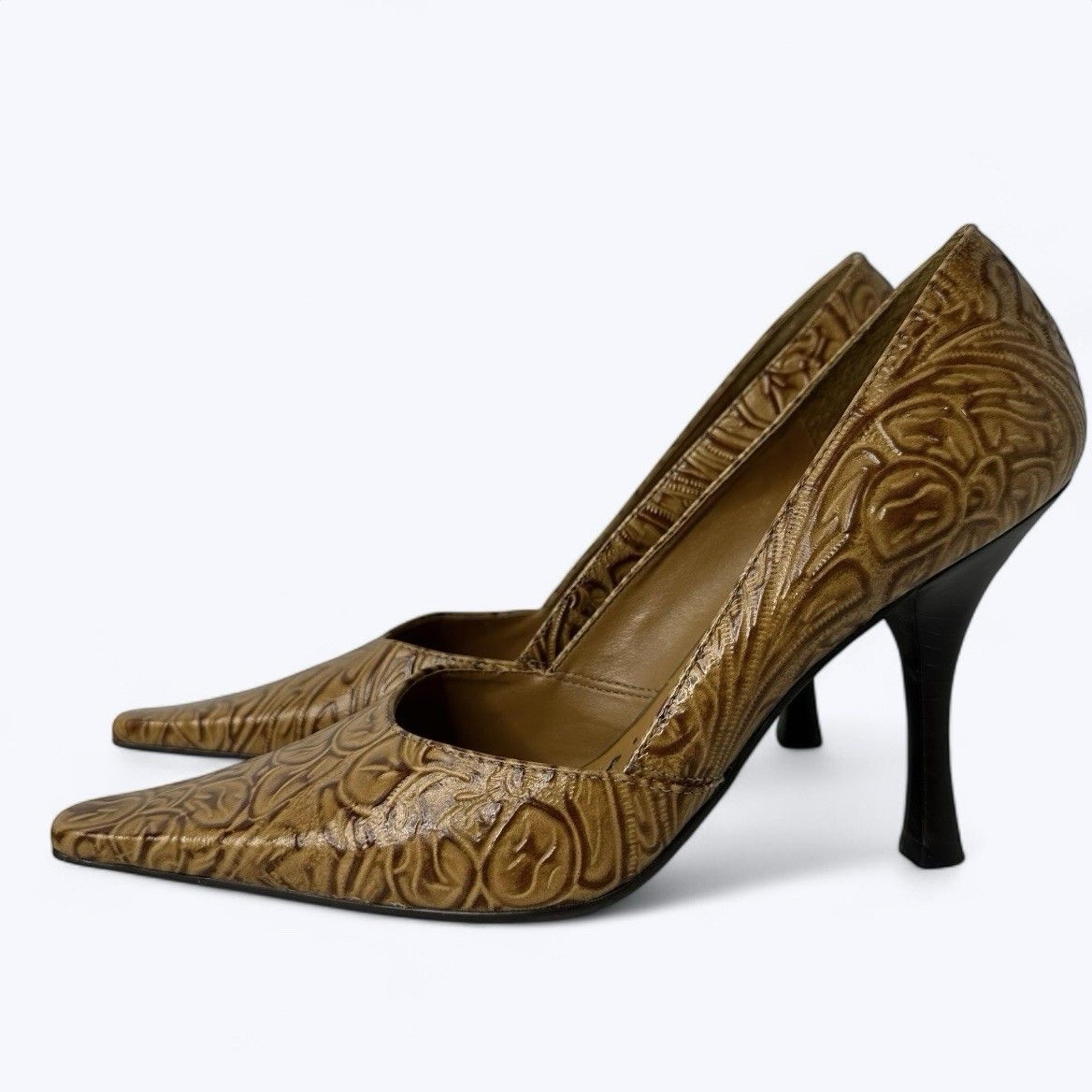 BCBGirls Pumps 6B Brown Tooled Leather Pointed Toe 3.5" Heel Career Western Boho
