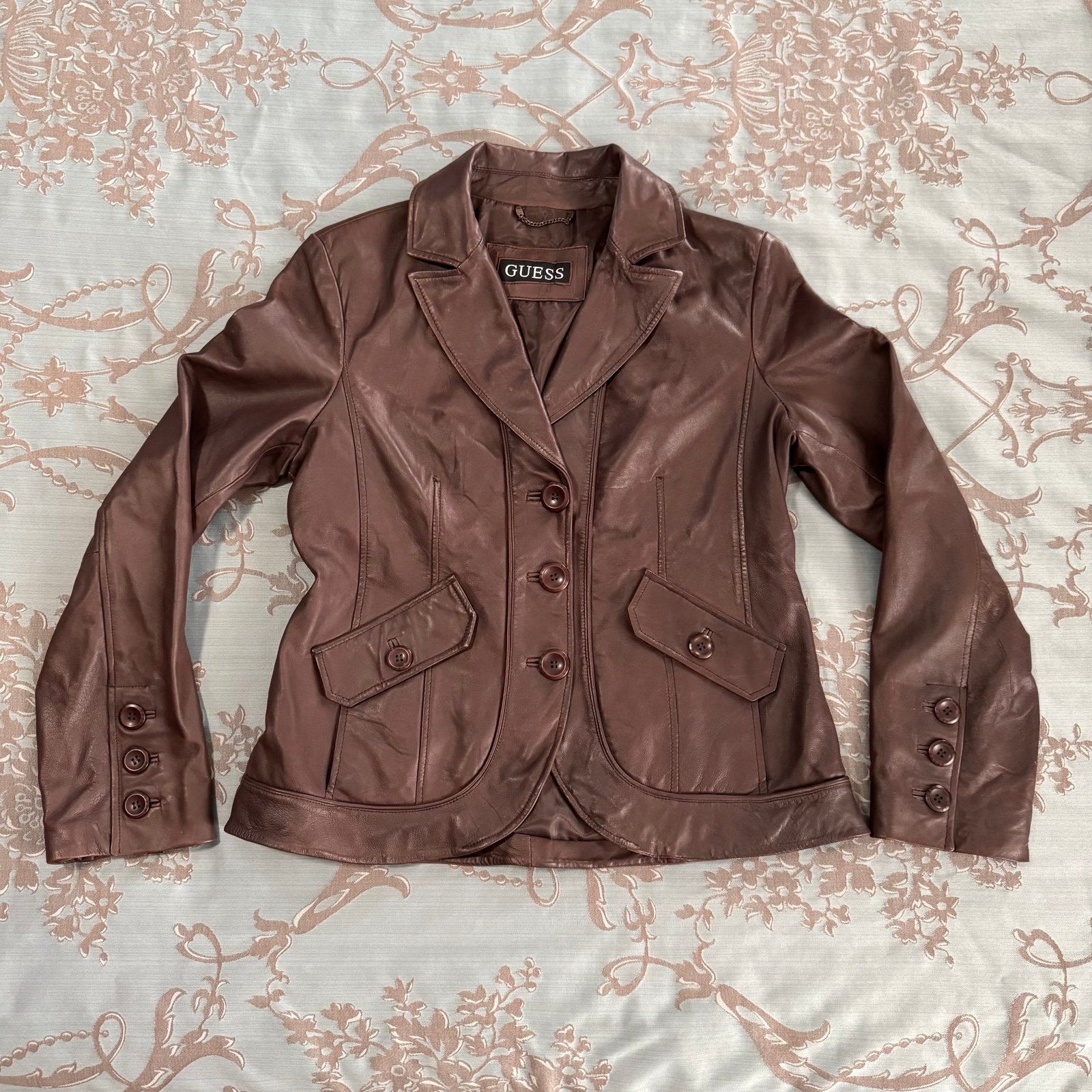 Guess Vintage Brown Leather Button Blazer Jacket Women Size Large