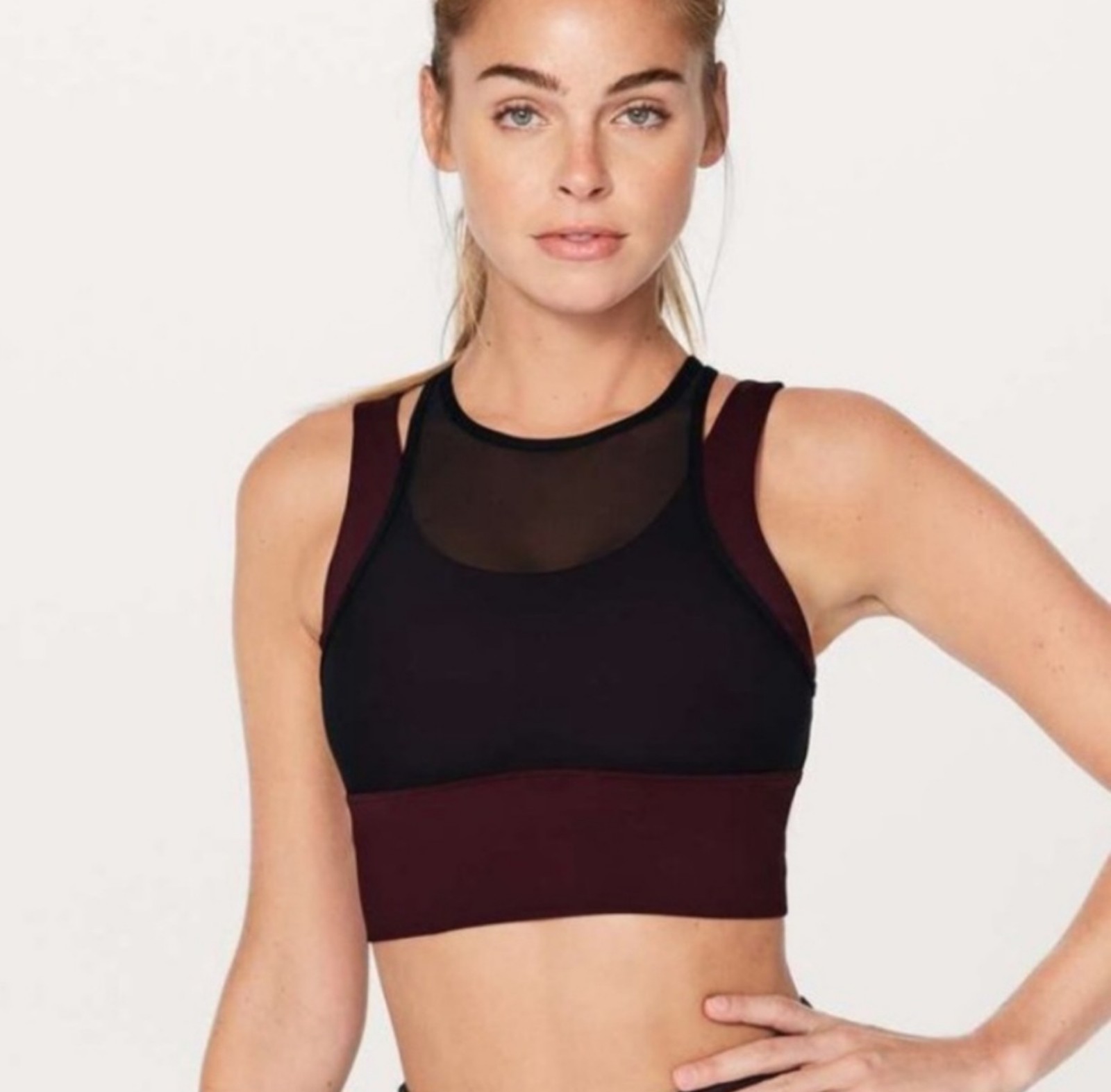 Lululemon Double Tap Sports Bra Mesh Strappy Wine & Black Size Dot 8 Athletic