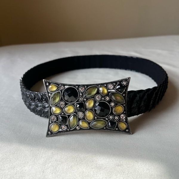 Vintage Stretch Waist Metal Link Belt Rhinestone Buckle Black Silver Boho Goth