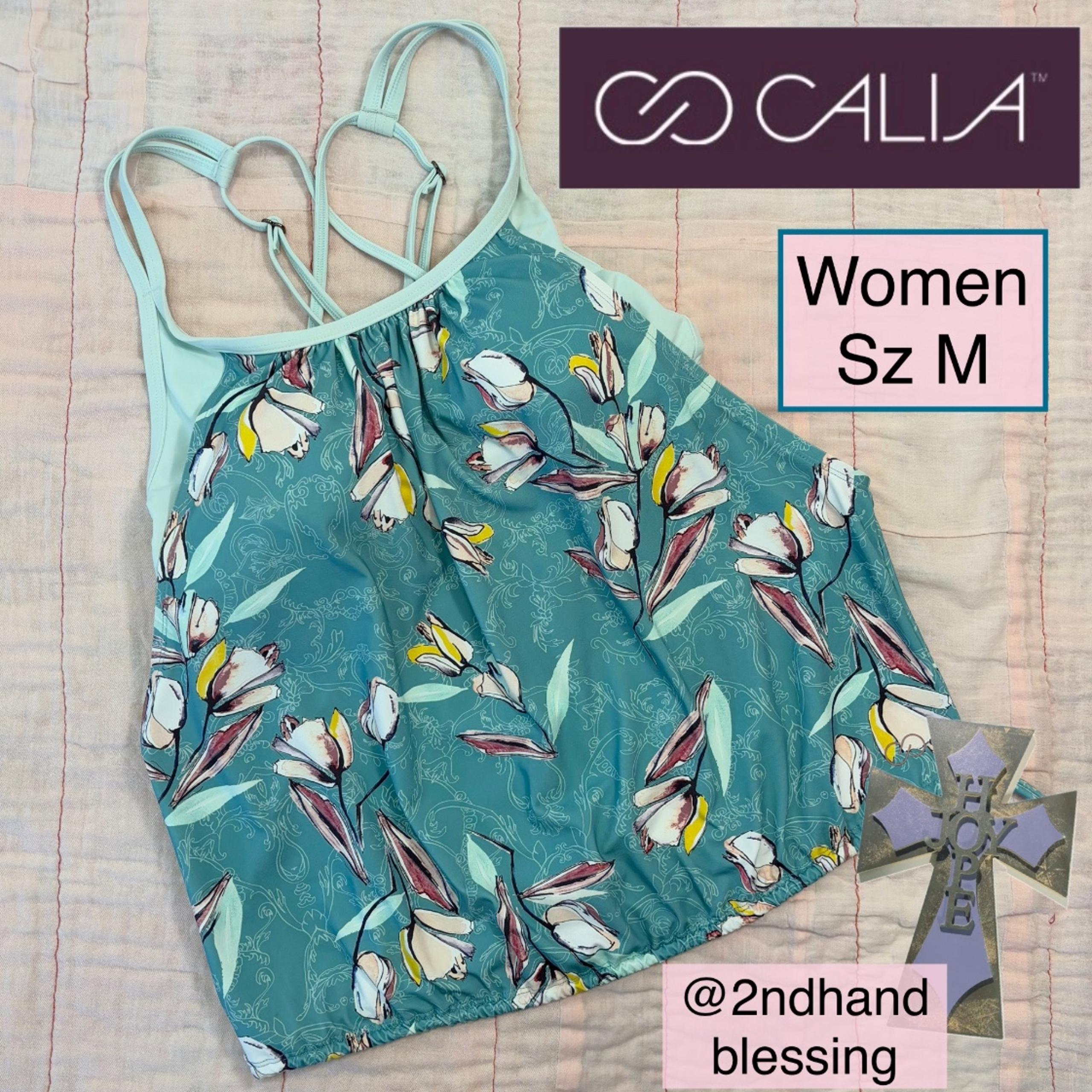 CALIA by Carrie Underwood Teal Floral Swim Top, Women Sz L, Strappy Back Tankini
