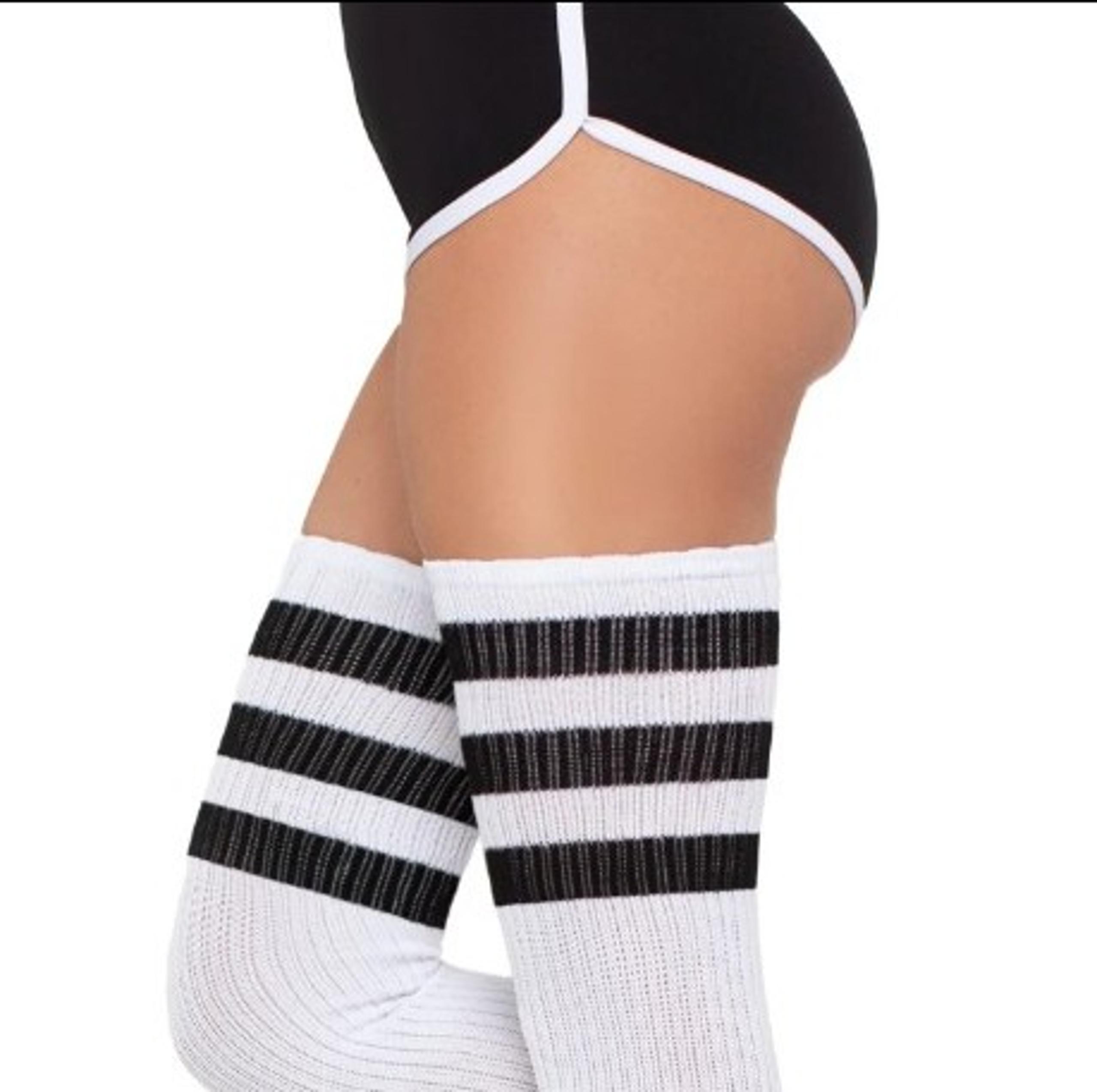 Leg Avenue 6605 White & Black Three Stripes Athletic Ribbed Thigh Highs Socks