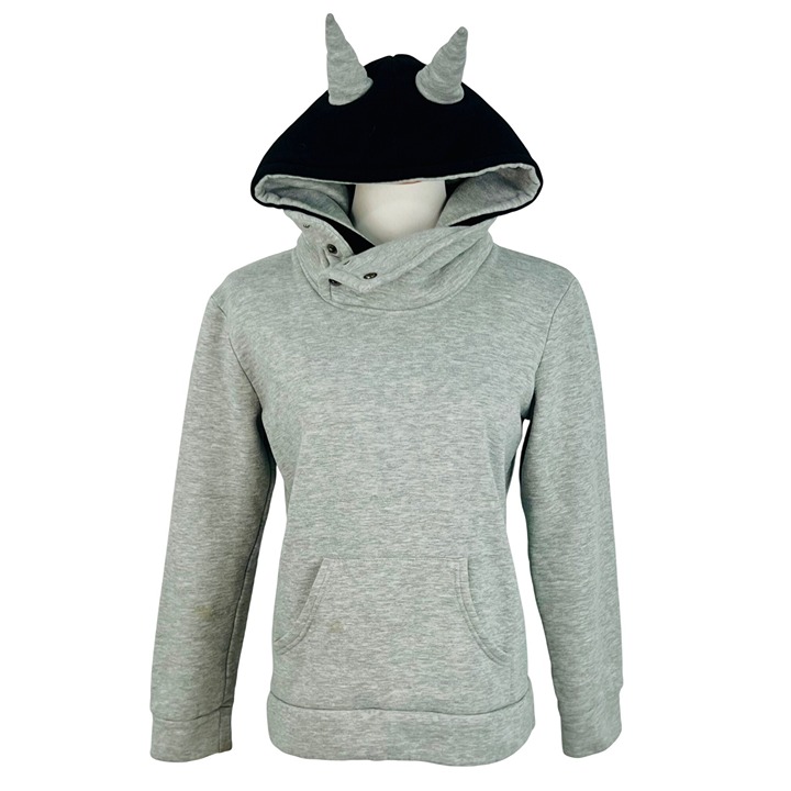 Digao Gray & Black Hooded Horns Sweatshirt w/Button Up Neck & Kangaroo Pocket