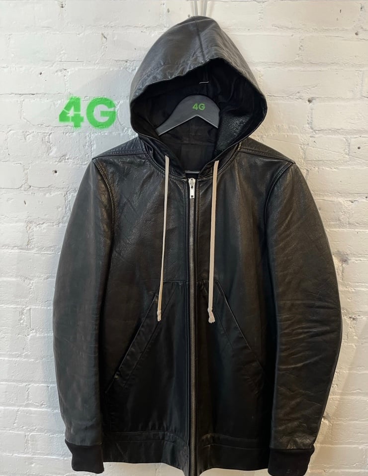 Rick Owens LEATHER Black Hoodie Jacket eu50